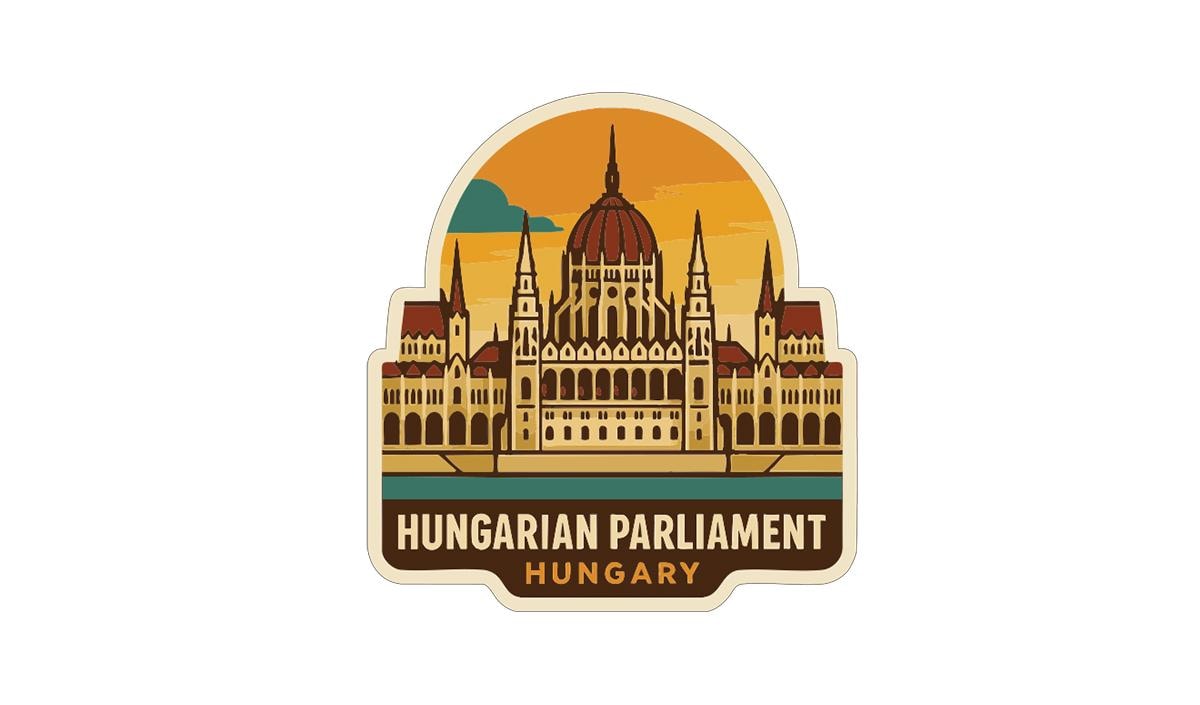 A sticker or emblem featuring the Hungarian Parliament building in Budapest, Hungary.