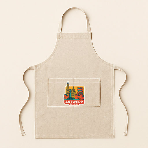 A beige apricot with a colorful graphic of a city skyline on the front pocket.
