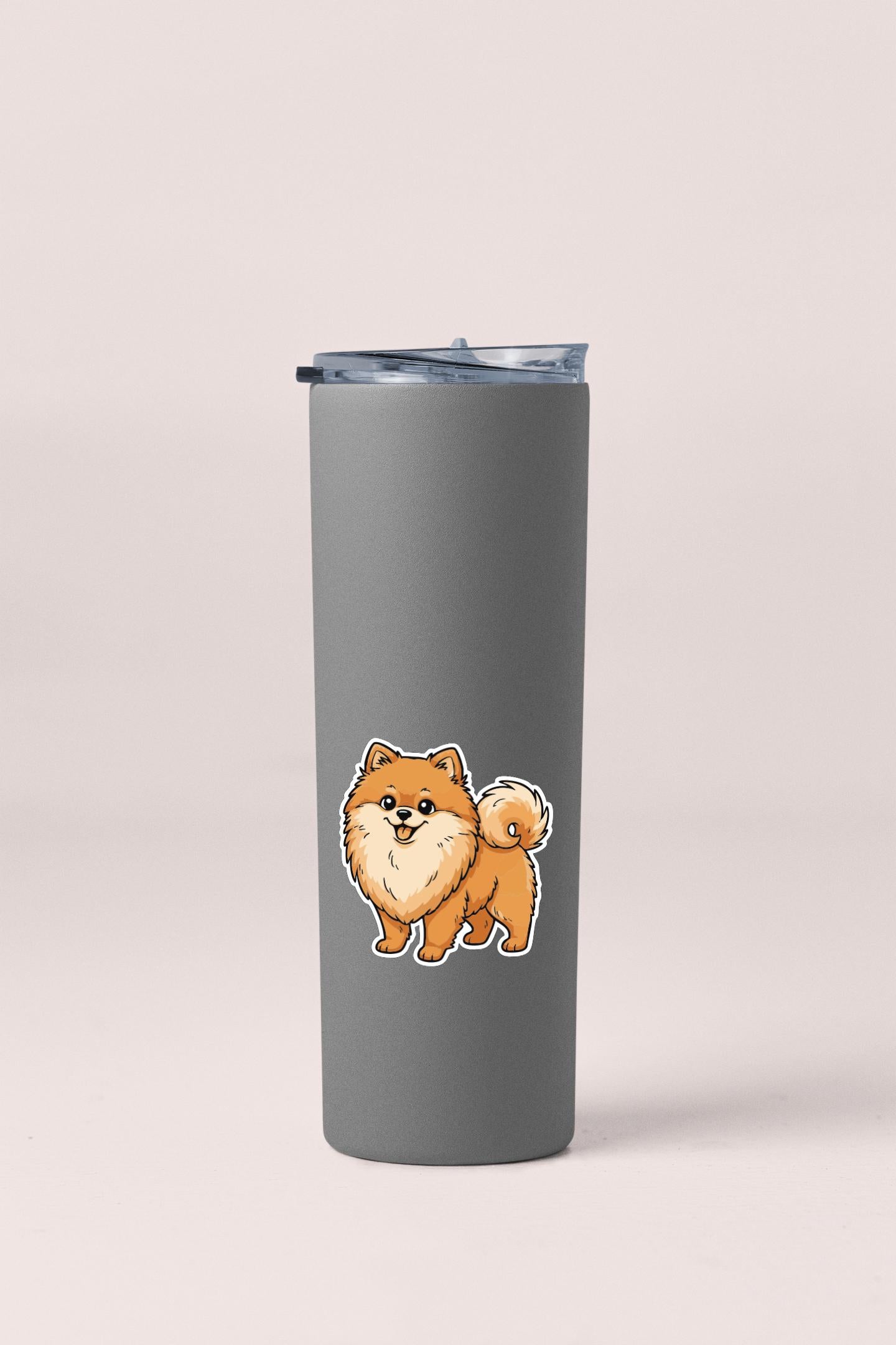 A gray insulated tumbler with a cartoon illustration of a Pomeranian dog on it.