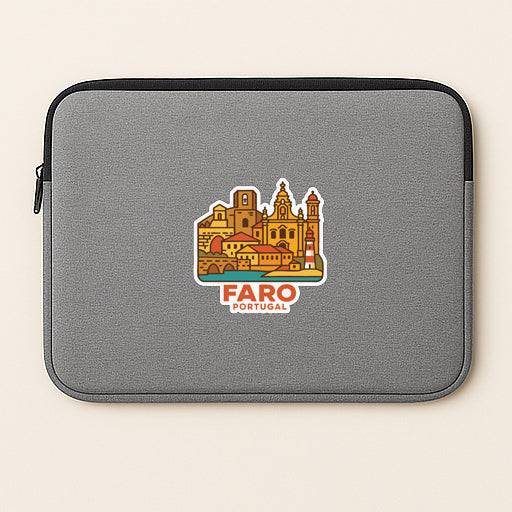 a gray laptop sleeve with a sticker depicting a cityscape of Fárco, Portugal.