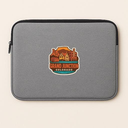 A gray laptop sleeve with a logo for Grand Junction, Colorado.