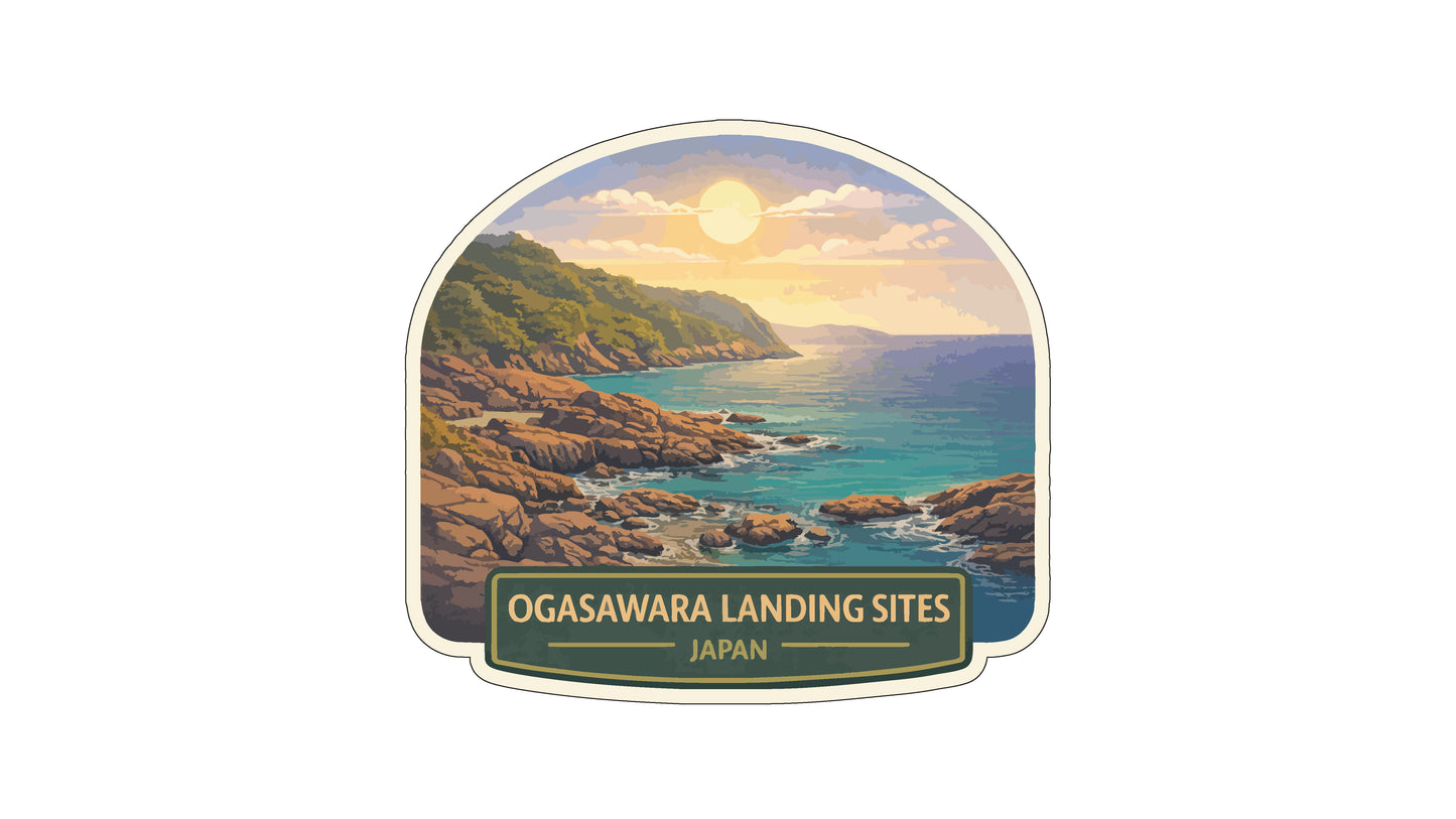 a scenic landscape with a rocky coastline, a body of water, and a bright sun in the sky. The text "OGASAWARA LANDING SITES JAPAN" is displayed below the image.