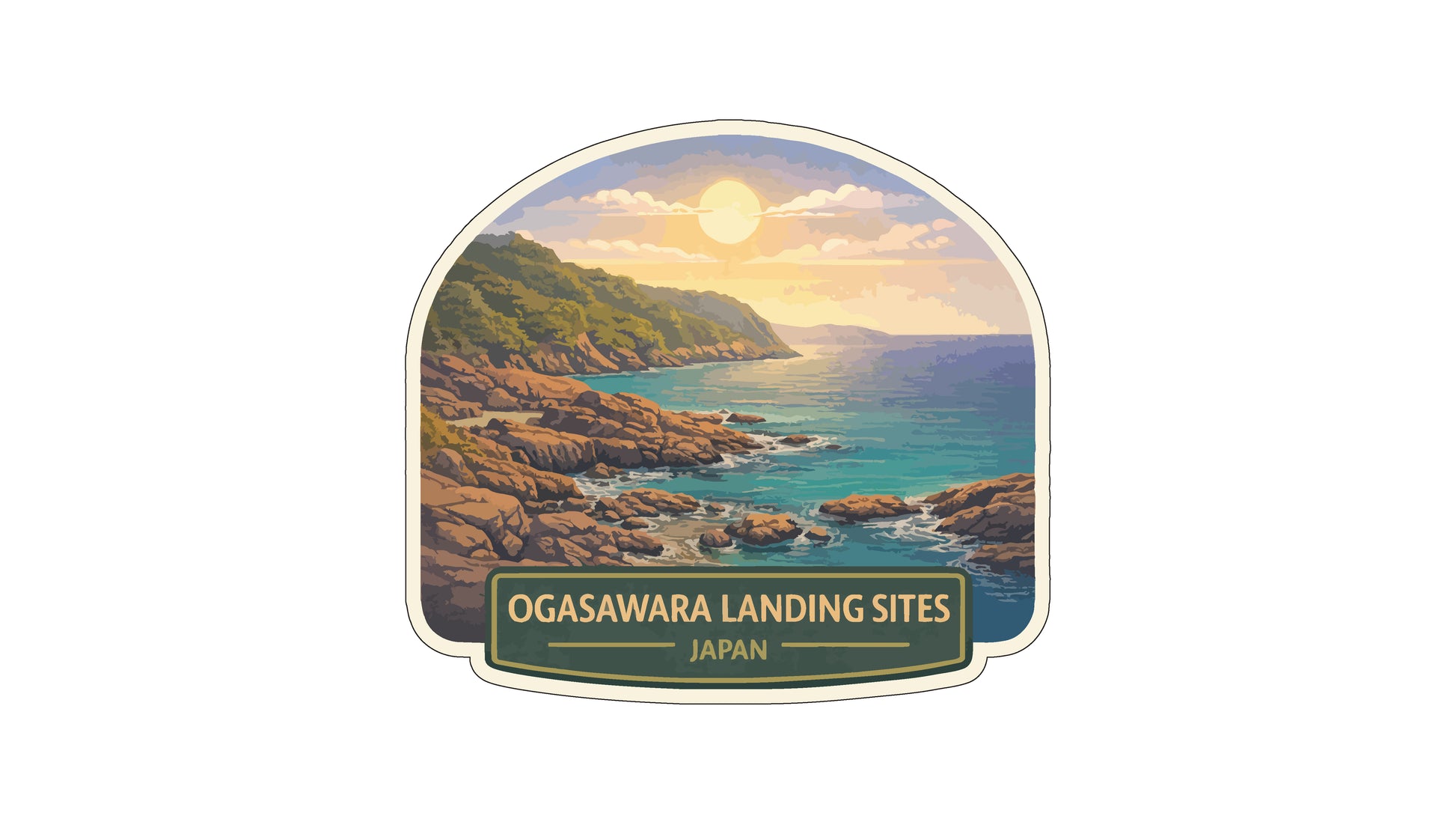 a scenic landscape with a rocky coastline, a body of water, and a bright sun in the sky. The text "OGASAWARA LANDING SITES JAPAN" is displayed below the image.