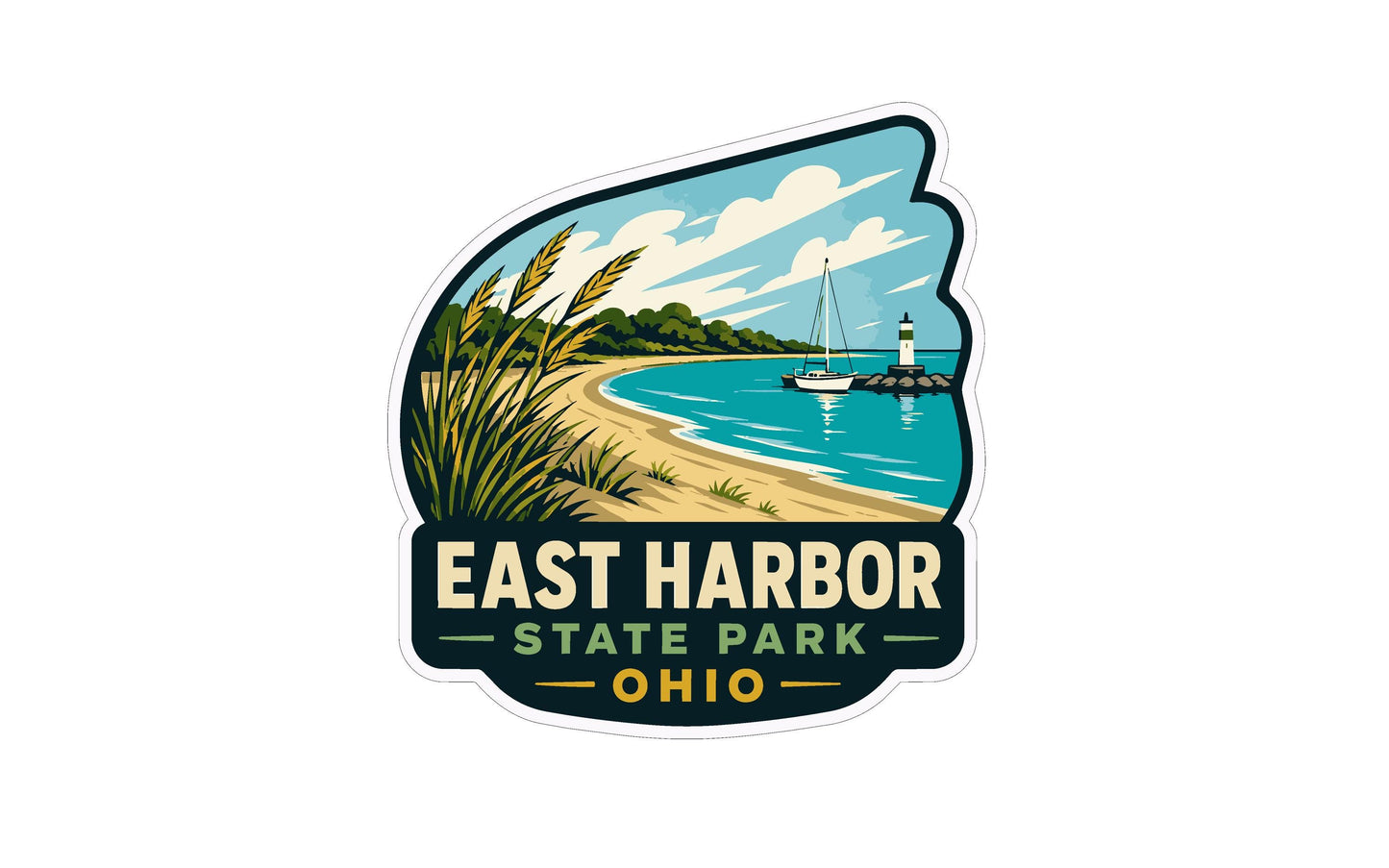 A sticker depicting a scenic beach with a lighthouse, palm trees, and a boat in the water, with the text "EAST HARBOR STATE PARK OHIO" prominently displayed.
