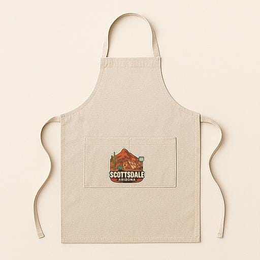A beige apricot with a pocket and a logo printed on it.