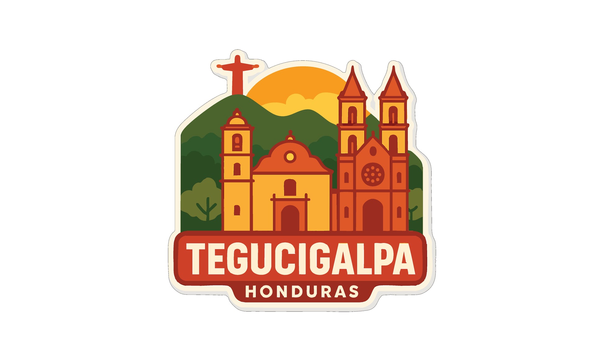 a sticker or emblem with a stylized illustration of a city skyline, including a church, a mountain, and a red cross. The text "TEGUCIGALPA HONDURAS" is prominently displayed, indicating the location of the city.