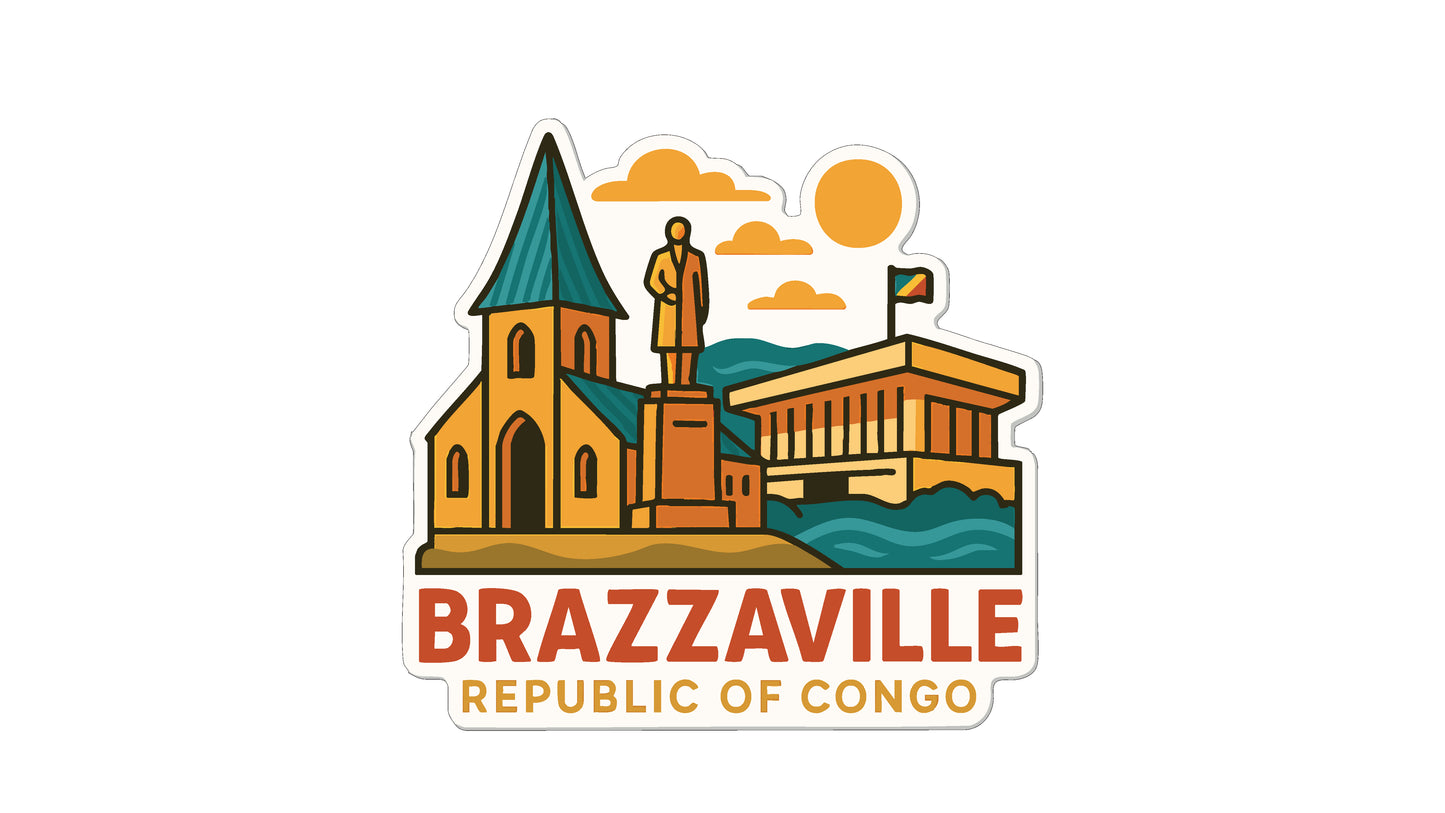 a stylized illustration of a church, a statue, and a building, representing the city of Brazzaville, the Republic of Congo.