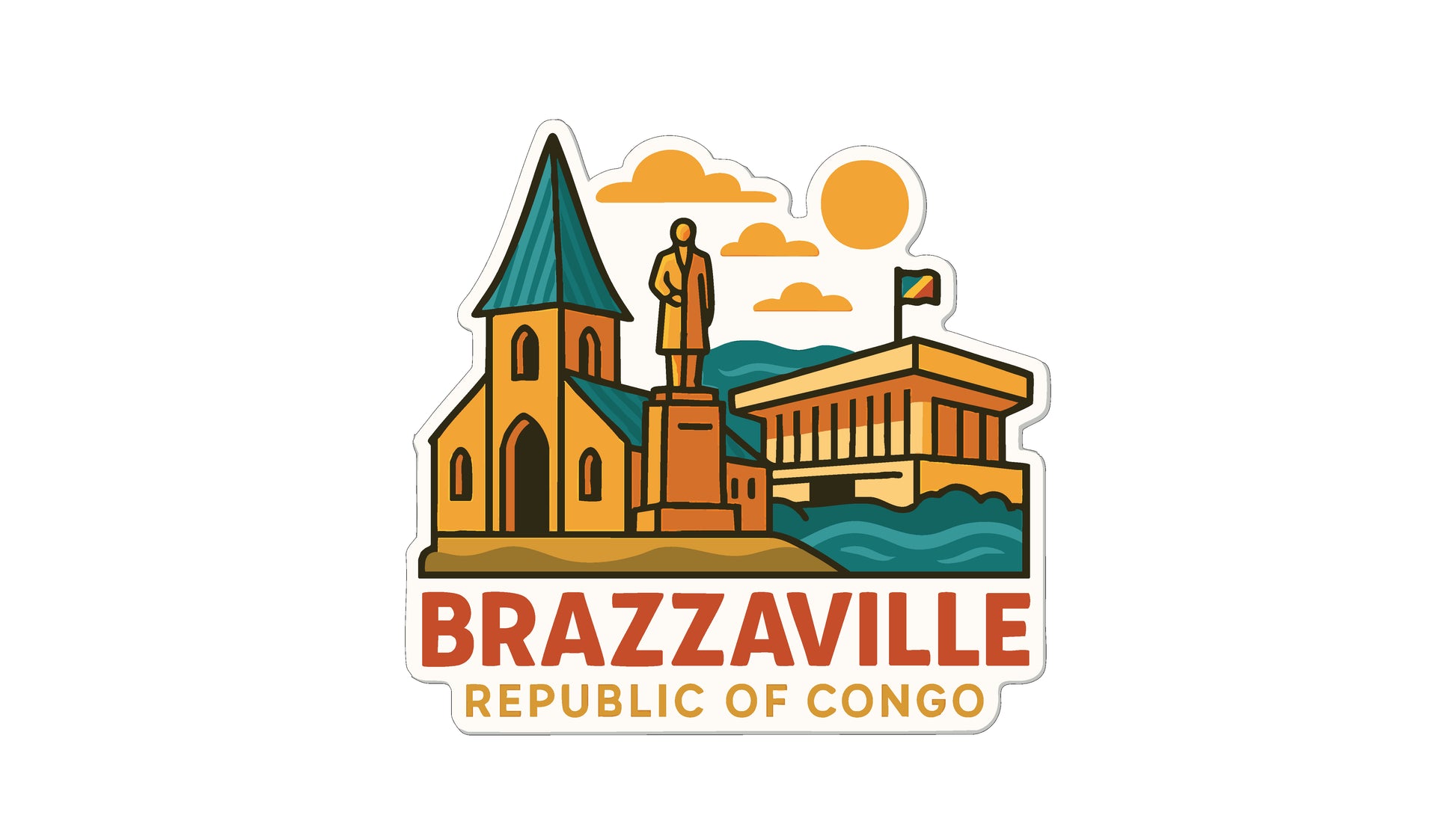 a stylized illustration of a church, a statue, and a building, representing the city of Brazzaville, the Republic of Congo.