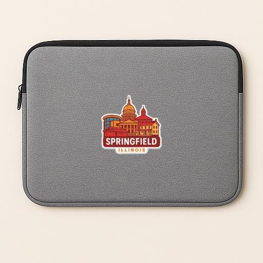 A gray laptop sleeve with a logo of the city of Springfield, Illinois.