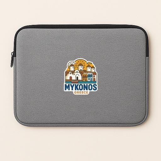 a gray laptop sleeve with a logo of a Greek island, which is the logo for "Mykonos Greece".