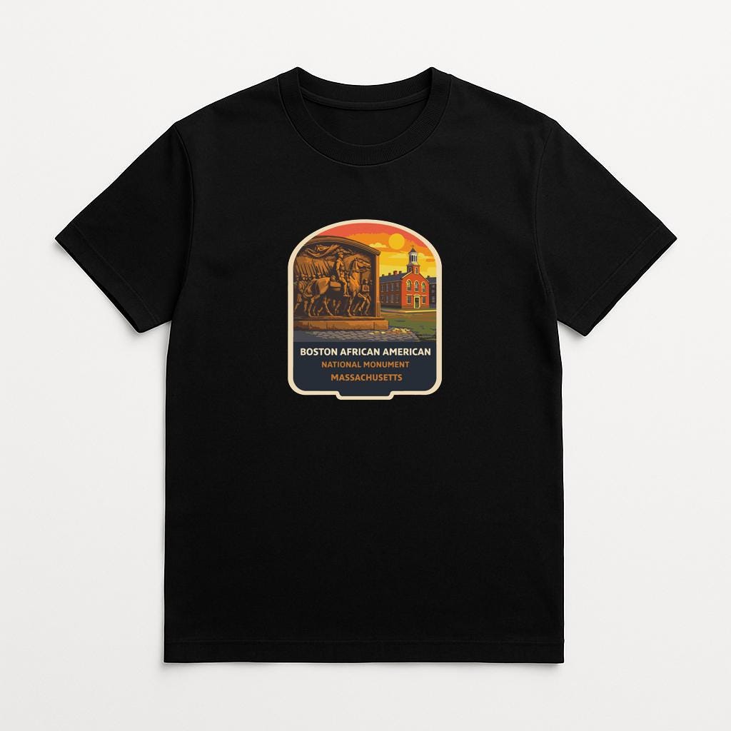 A black t-shirt with a graphic design featuring a cityscape and a historical monument, along with text that reads "BOSTON AFRICAN AMERICAN NATIONAL MEMORIALS".