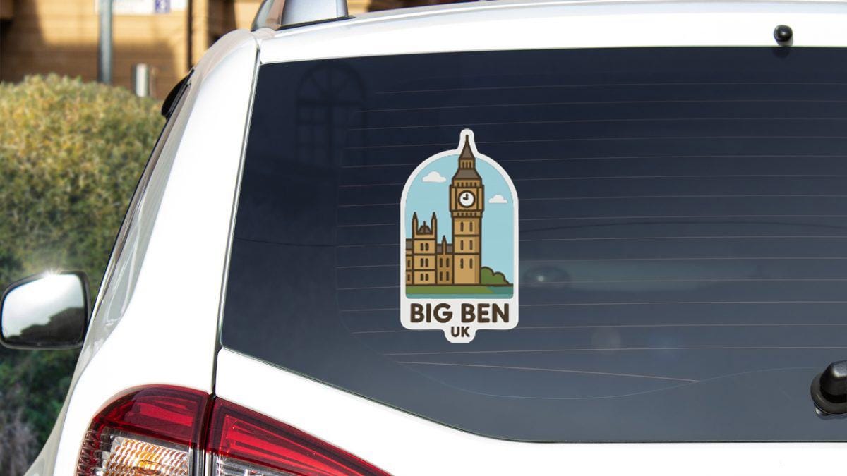 A sticker on the rear window of a car, depicting Big Ben and the UK.