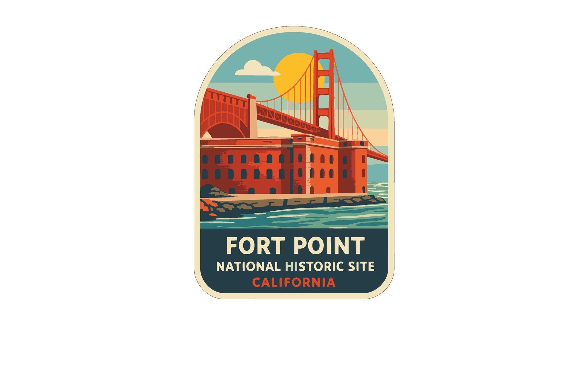 a sticker or label with an illustration of the Golden Gate Bridge and Fort Point, which is a National Historic Site in California.