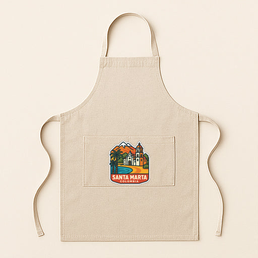 A beige apricot with a colorful graphic of Santa Marta, a famous landmark in Mexico, printed on it.