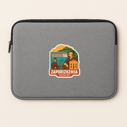 a gray laptop sleeve with a sticker depicting a scenic view of Zaporizhzhia, Ukraine.
