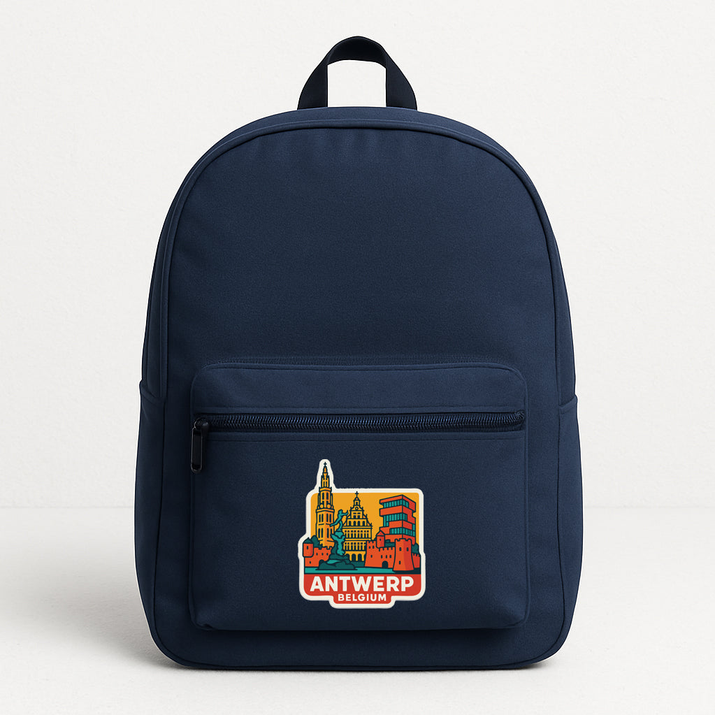 A navy blue backpack with a colorful sticker on the front that says "ANTWERP BELGIUM".