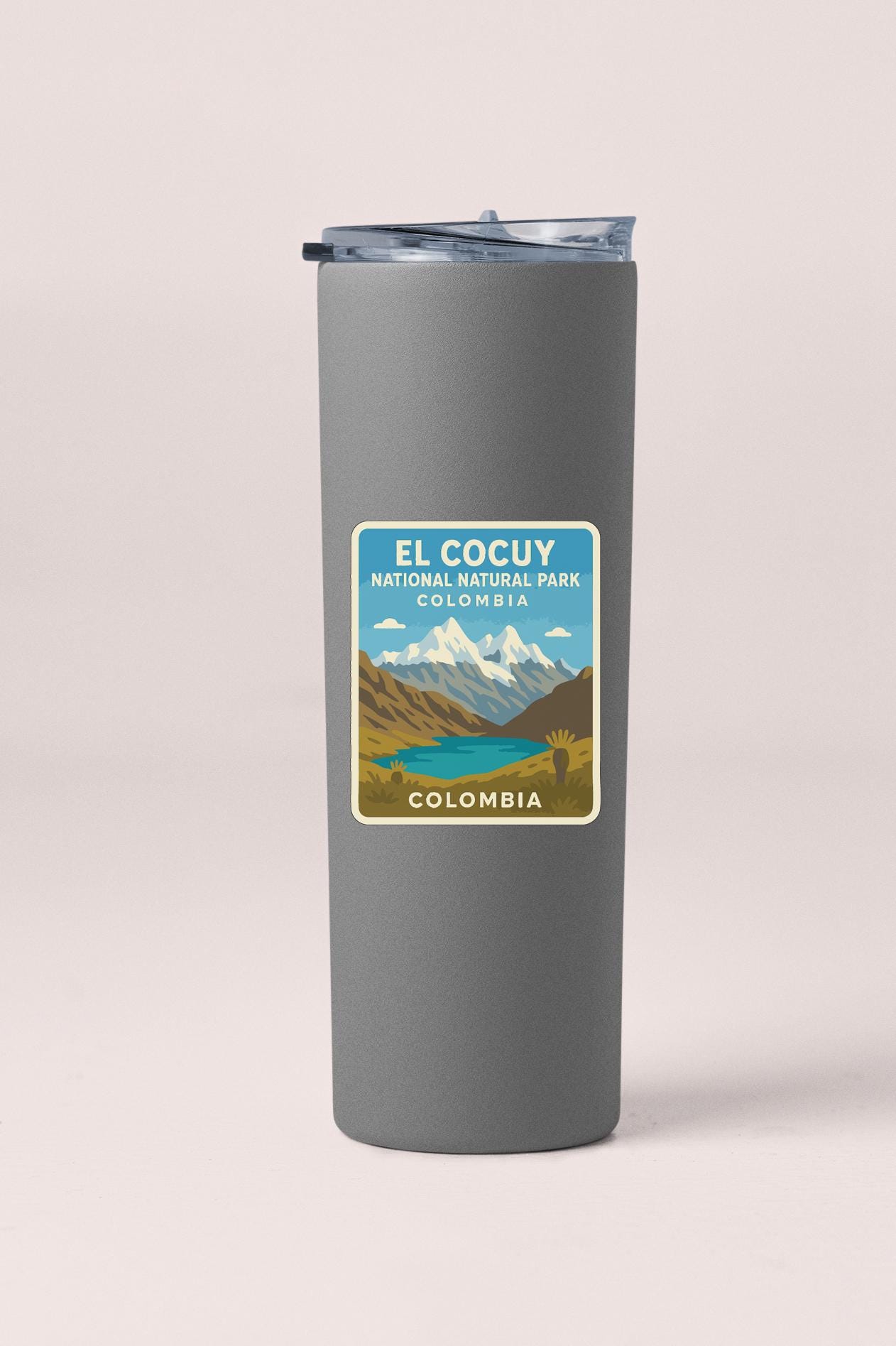 A gray insulated tumbler with a label that says "EL COCCUY NATIONAL NATURAL PARK COLOMBIA".