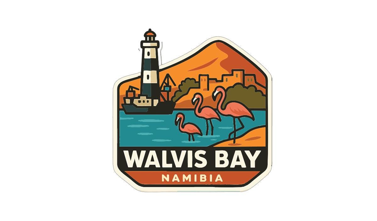 A sticker or emblem featuring a lighthouse, flamingos, and a cityscape in the background, with the text "WALVIS BAY NAMIBIA" prominently displayed.