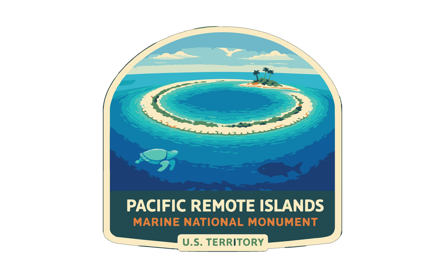 The image is a logo for the Pacific Remote Islands Marine National Monument, featuring a circular island surrounded by turquoise waters and a turtle swimming in the foreground.