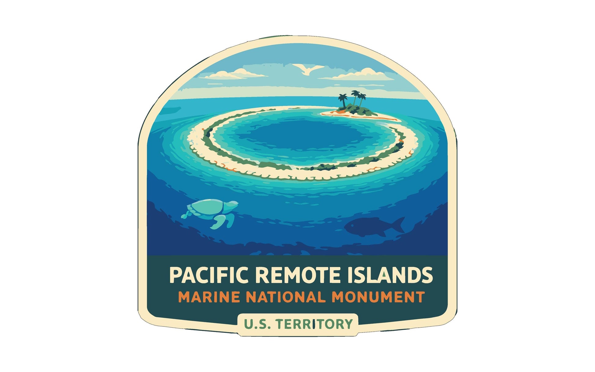 The image is a logo for the Pacific Remote Islands Marine National Monument, featuring a circular island surrounded by turquoise waters and a turtle swimming in the foreground.