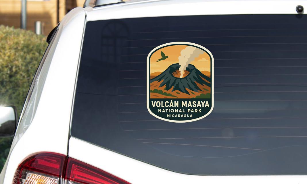a sticker on the rear window of a car that says "Volcan Masaya National Park Nicaragua".