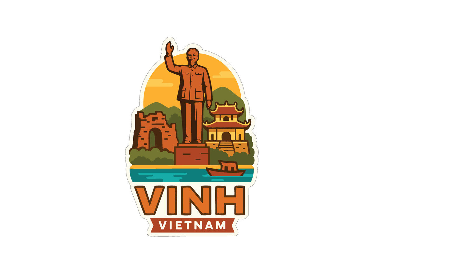 a statue of a man standing on a platform, surrounded by various landmarks and buildings, with the text "VINH VIETNAM" prominently displayed.