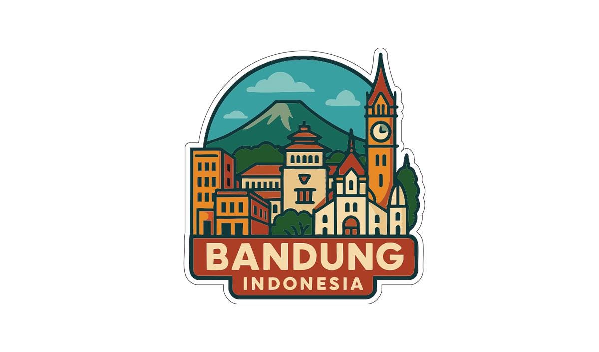 a stylized illustration of the city of Bandung, Indonesia, with various buildings and landmarks depicted in a colorful and artistic manner.