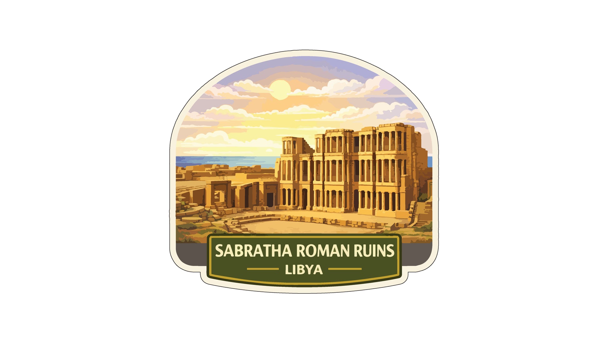 the ancient ruins of Libya, Libya, with the city's iconic structures and architecture visible against a backdrop of a colorful sunset sky.