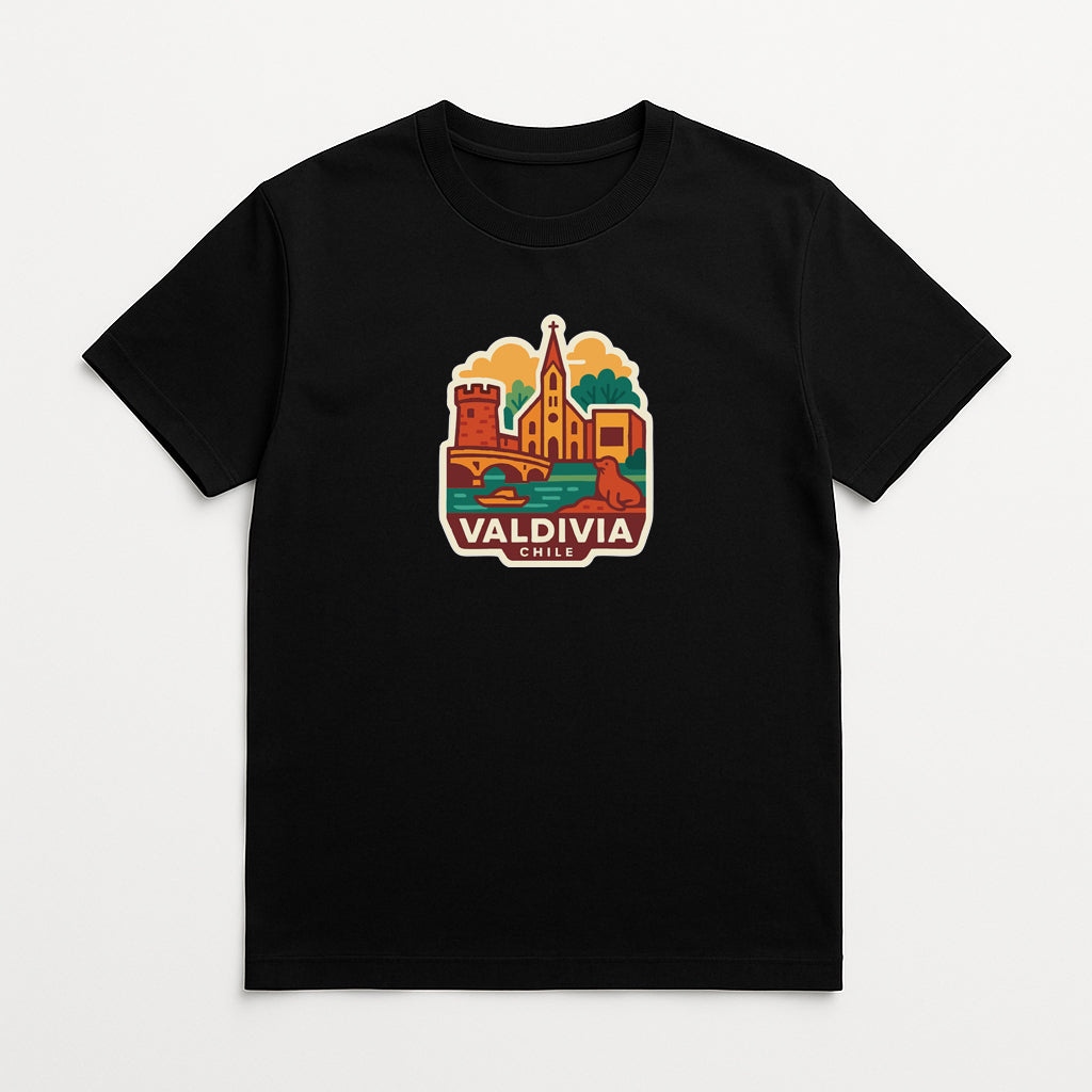A black t-shirt with a graphic design depicting a cityscape and the text "VALDIVIA" prominently displayed.