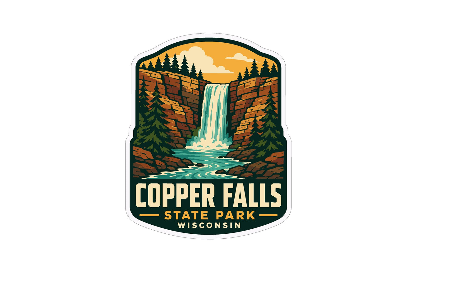 A sticker or emblem featuring a waterfall surrounded by trees and mountains, with the text "Copper Falls State Park, Wisconsin" prominently displayed.