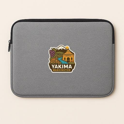 A gray laptop sleeve with a graphic design featuring a mountain, buildings, and the text "YAKIMA WASHINGTON".