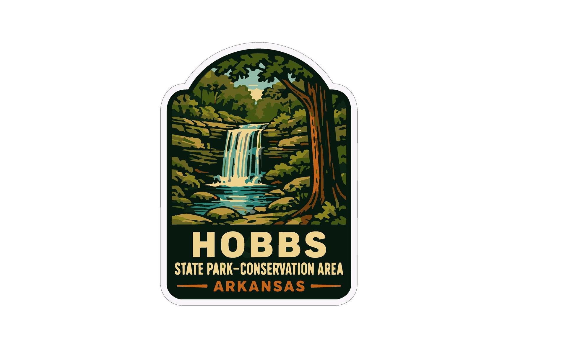 A sticker depicting a waterfall surrounded by trees and foliage, with the text "HOBBS STATE PARK - CONSERVATION AREA ARKANSAS" printed on it.