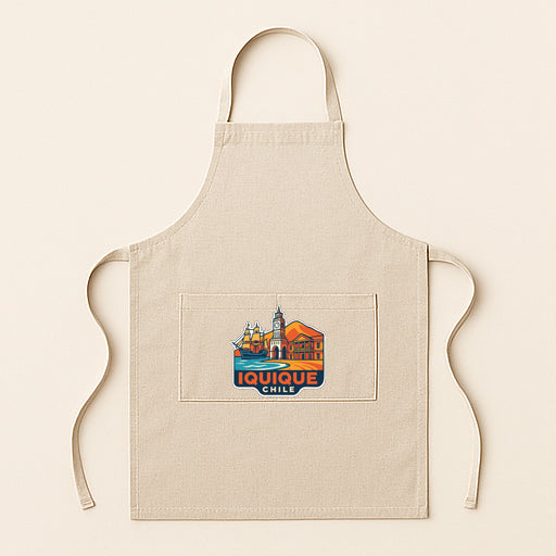 A beige apricot with a graphic design featuring a city skyline and the text "Iquique Chile" printed on it.