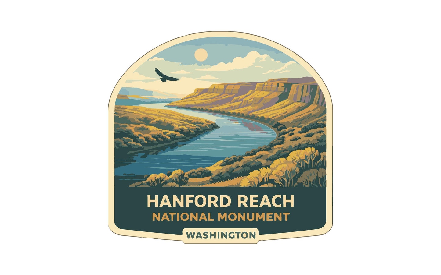 a scenic landscape with a river, mountains, and a bird in flight. The text "HANFORD REACH NATIONAL MONUMENT WASHINGTON" is displayed, indicating the location of the landmark.