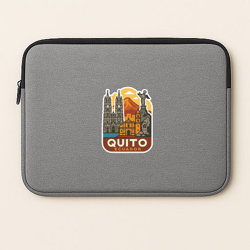 A gray laptop sleeve with a Quito, Ecuador logo printed on it.