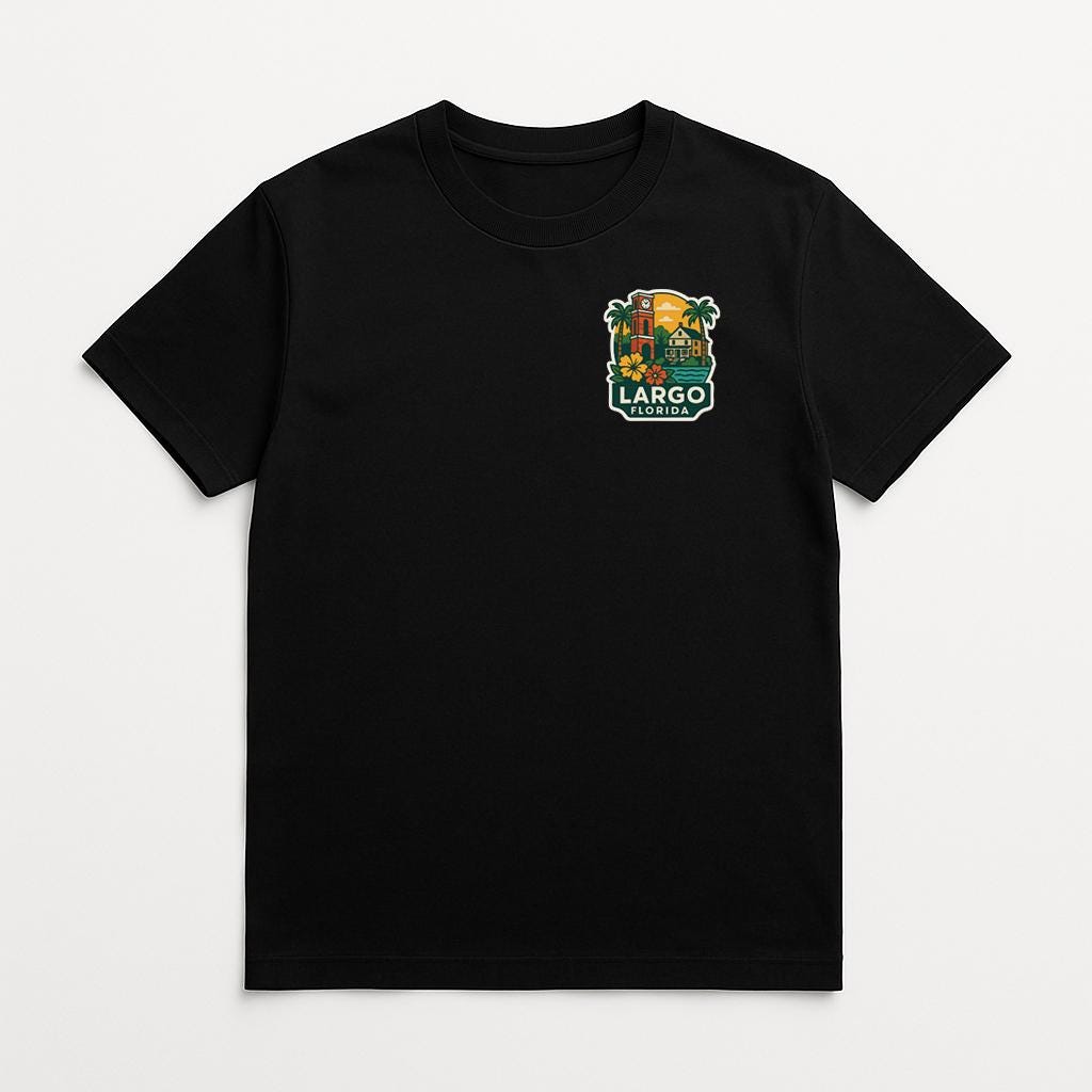 A black t-shirt with a graphic design on the front, featuring a palm tree and the text "LARGO FLORIDA".