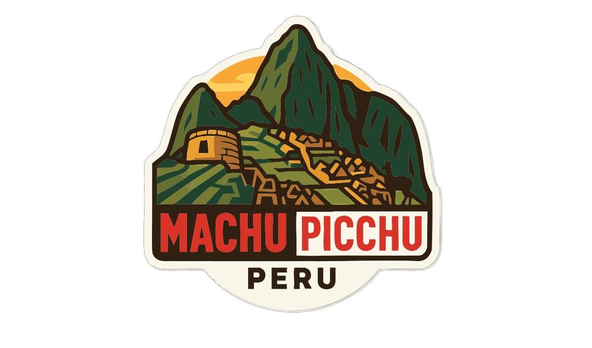 a sticker or emblem with a mountain landscape and a small village or town in the background. The text "MACHU PICCHU PERU" is prominently displayed, indicating the location or destination.