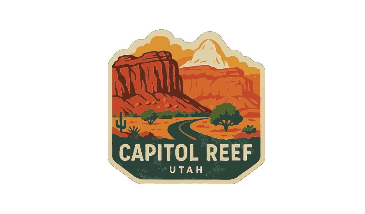 A sticker or label depicting the Capitol Reef in Utah, featuring a mountain landscape with a winding road and desert vegetation.