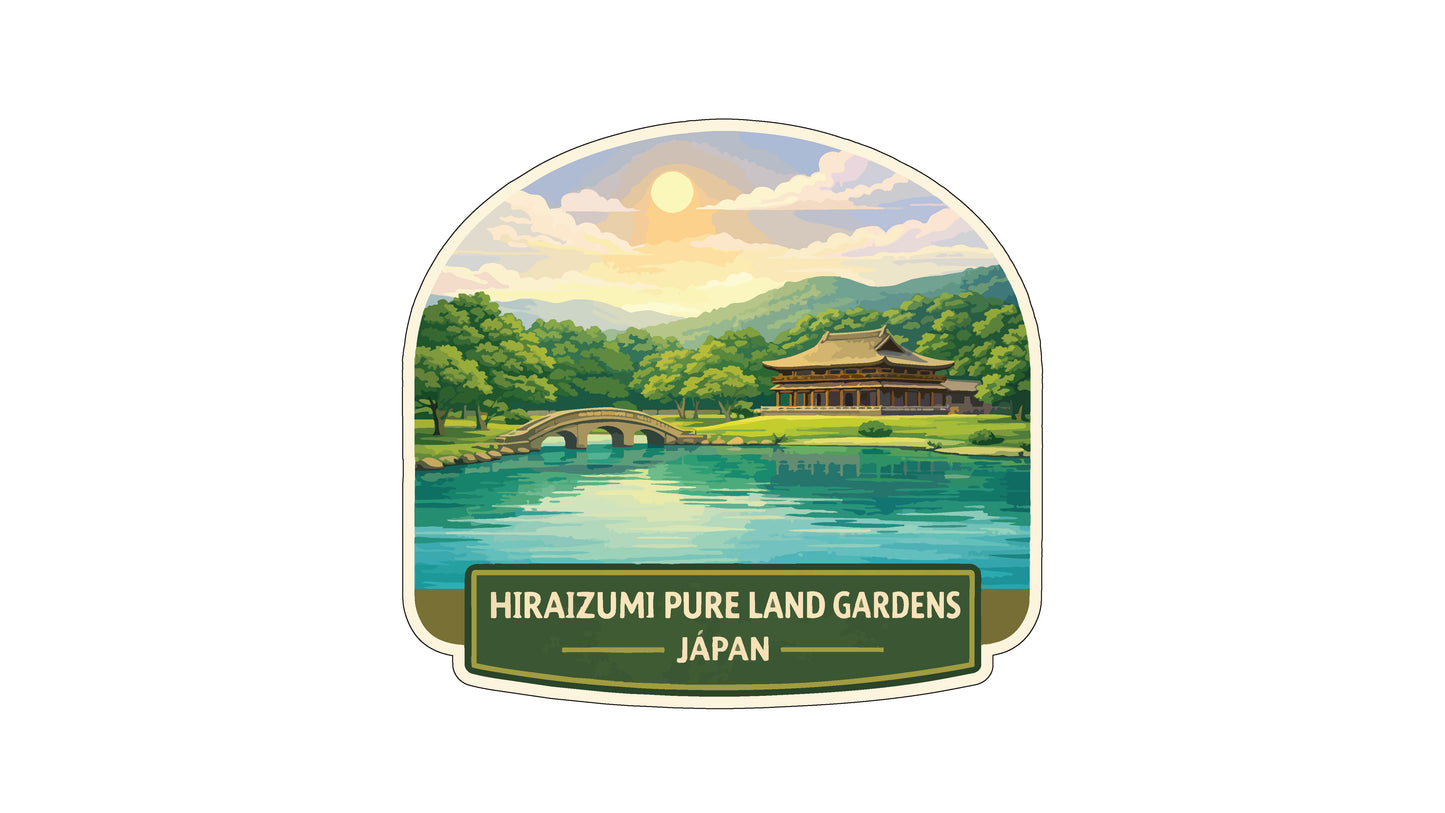 A sticker or label depicting a scenic landscape with a temple, bridge, and mountains in the background, surrounded by trees and a body of water.