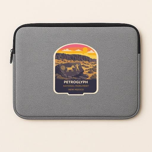 A gray laptop sleeve with a graphic design depicting the Petroglyph National Monument in New Mexico.