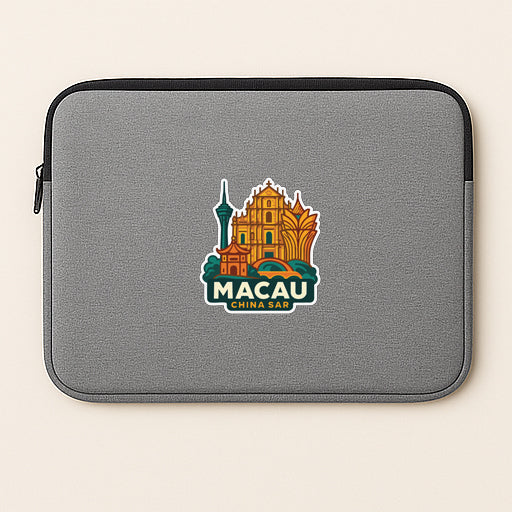 a gray laptop sleeve with a sticker of Macau, China's capital city, on it.