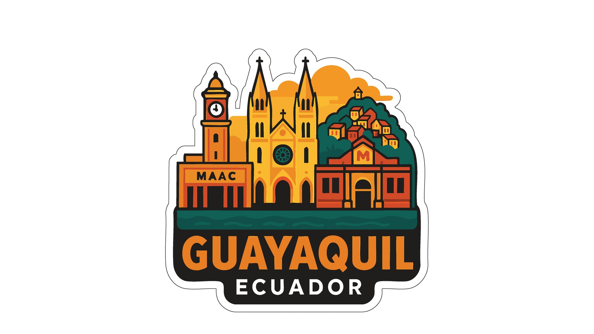 a stylized illustration of the city of Guayaquil, Ecuador, with various landmarks and buildings depicted in a colorful and vibrant manner.