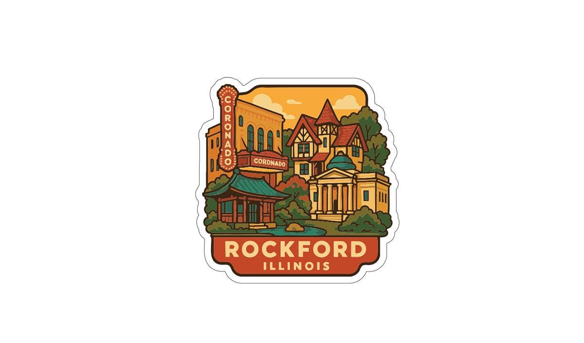 A sticker depicting a colorful illustration of Rockford, Illinois, with various buildings and landmarks, including a theater and a temple.