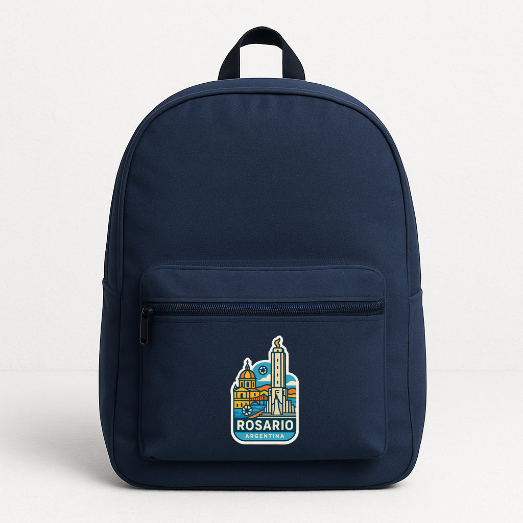 A navy blue backpack with a graphic of a city skyline and the text "ROSARIO ARGENTINA" printed on it.
