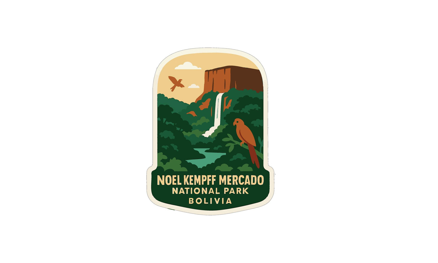 a sticker or emblem with a landscape scene, including a waterfall, birds, and a mountain.