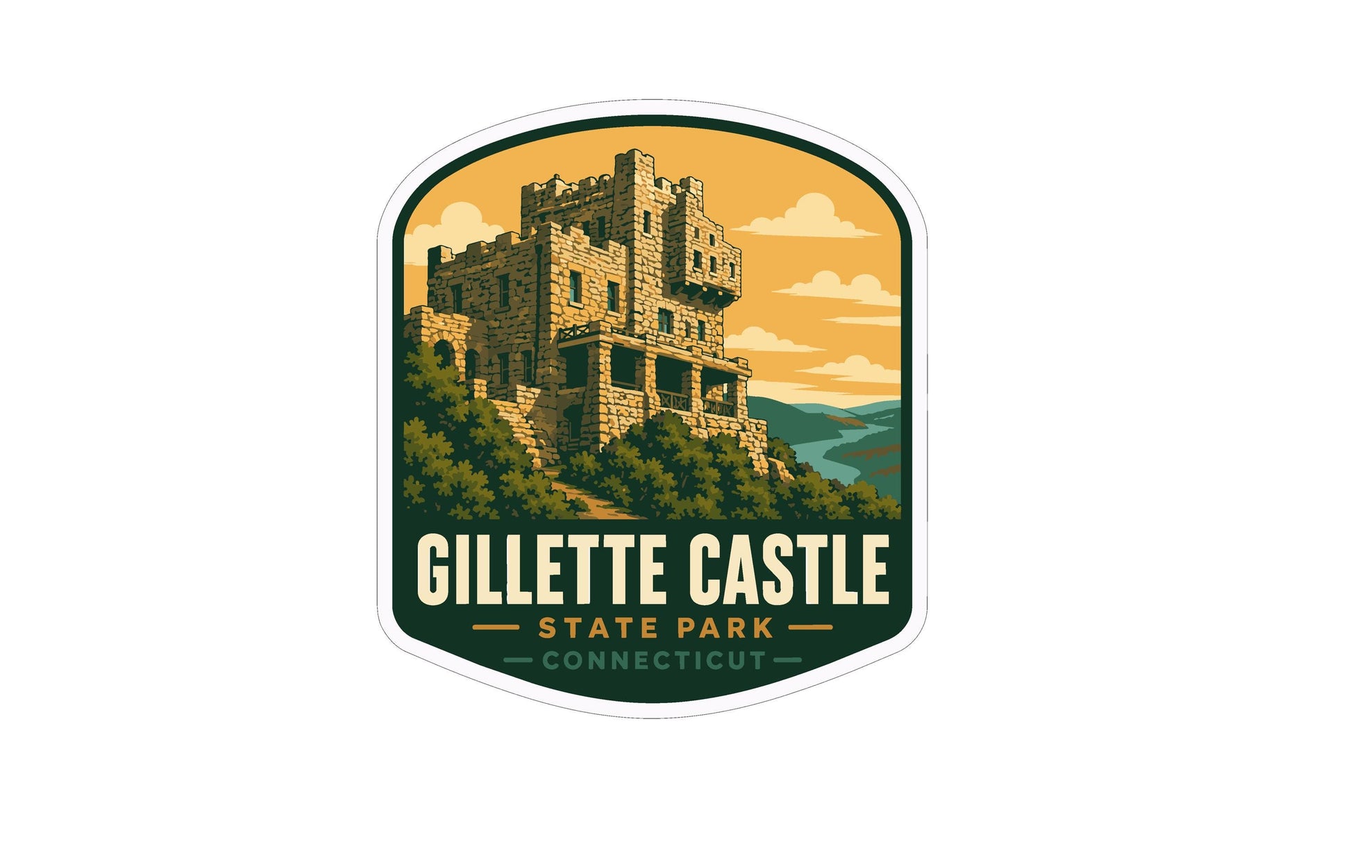 A sticker or emblem featuring a castle on a hill with a scenic background, representing Gillette Castle State Park in Connecticut.