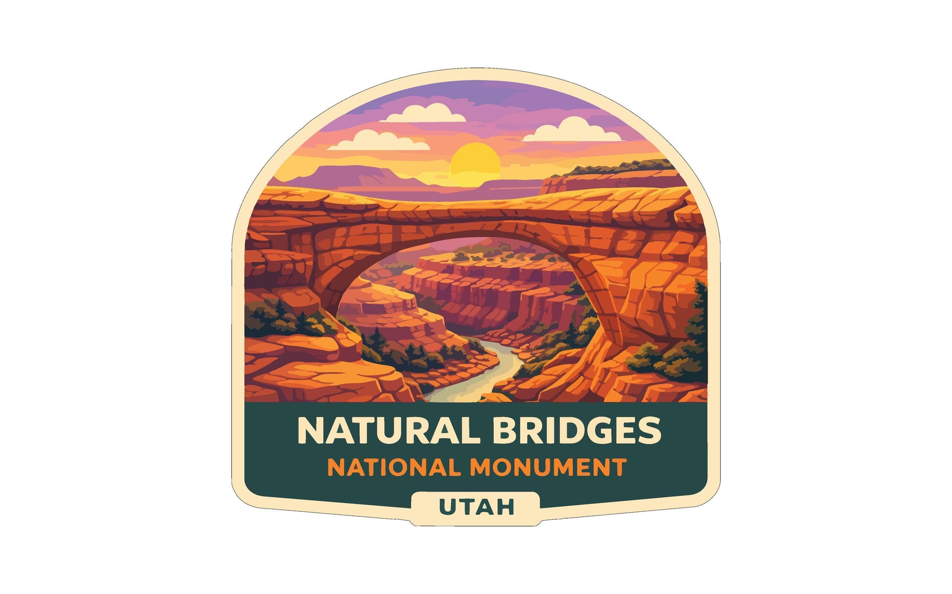 a natural bridge in a desert landscape, with mountains and a sunset in the background.