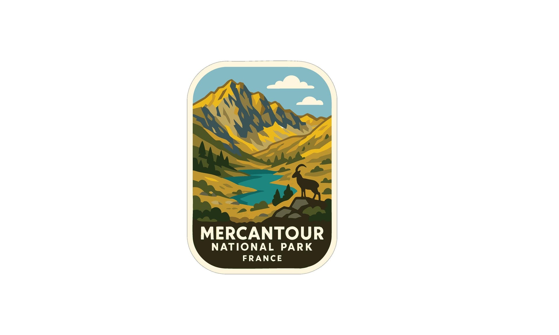 a sticker or logo for the Mercantour National Park in France, depicting a mountain landscape with a river and a goat.