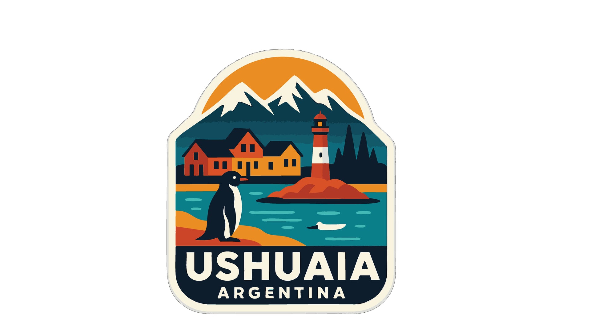 A colorful sticker depicting a penguin, a lighthouse, and a mountain landscape with the text "USHUAIA ARGENTINA" prominently displayed.