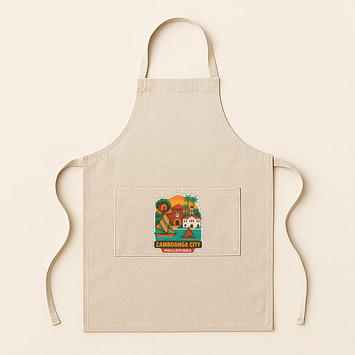 A beige apricot with a colorful graphic of a city and text printed on it.